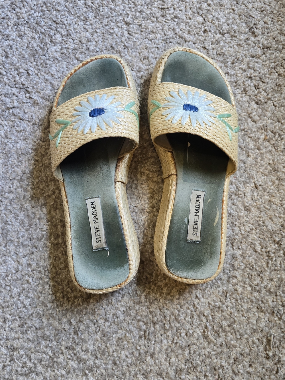 Steve Madden Natural Raffia Slide Sandals with Light Blue Daisy Embroidery